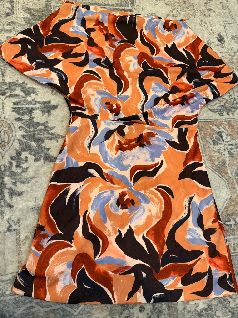 Alexia Admor One-Shoulder Dress in Orange, Black & Lavender Abstract Print